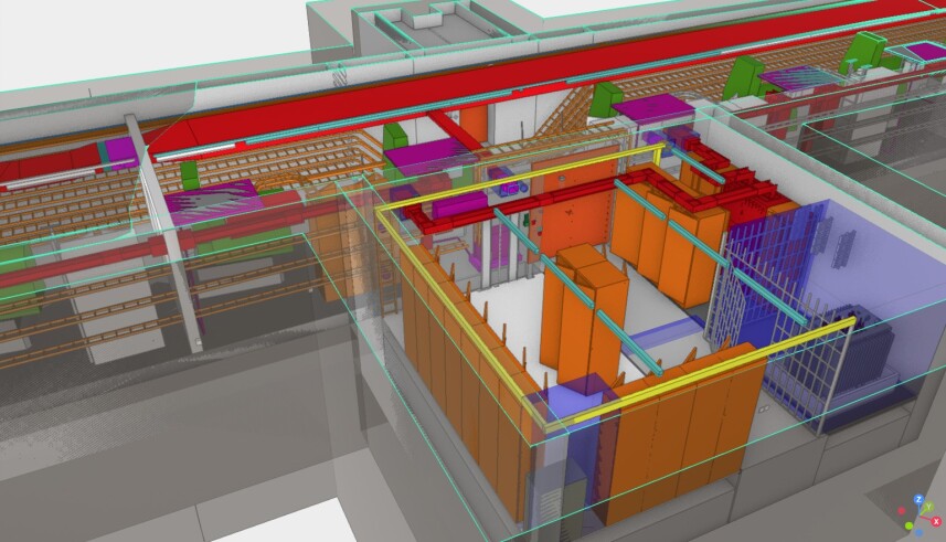 3D-modellierte Trafokaverne mit Förderwagenantriebe und Seilumlenkungen